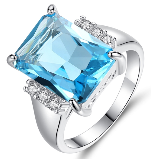 EMERALD BLUE CZ WHITE GOLD DRESS RING-size 9